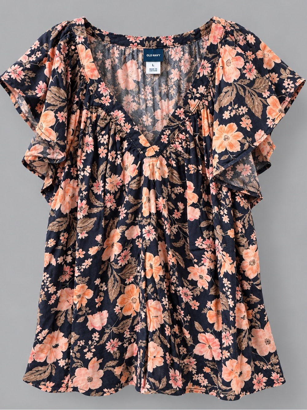 Old Navy Navy Floral Flutter Sleeve V-Neck Blouse